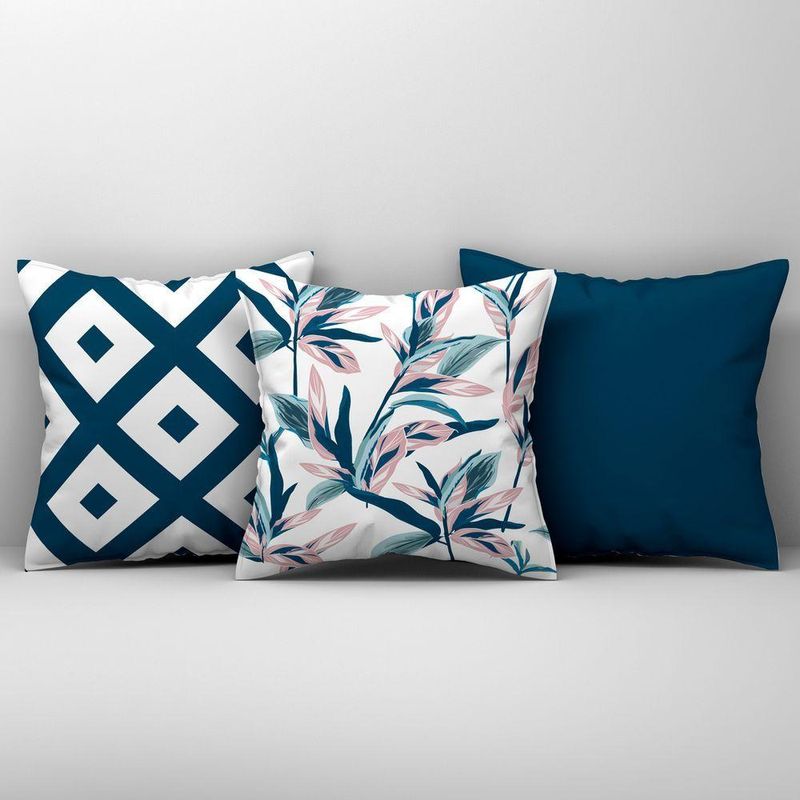 Kit Trio Capas De Almofadas Estampadas Em Veludo Suede 45cm X 45cm - Decoração Luxo Para Sala Cor Azul