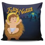 Kit Com 4 Almofadas Cheias Estampadas Natalinas Feliz Natal Família Sagrada 45cm X 45cm Com Refil - Decoração Fim De Ano