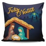 Kit Com 4 Almofadas Cheias Estampadas Natalinas Feliz Natal Família Sagrada 45cm X 45cm Com Refil - Decoração Fim De Ano