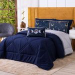 Kit Edredom Solteiro Astros Azul Marinho Com Almofada Estampada 04 Peças - Dupla Face Percal 300 Fios