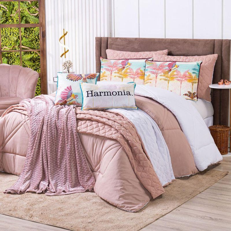 Kit Edredom Casal Padrão Verano Com Almofadas Estampadas 07 Peças - Dupla Face Percal 300 Fios Cor Arara