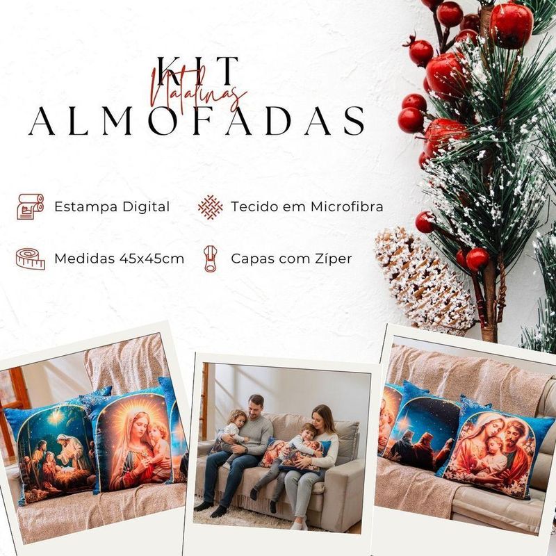 Kit Com 4 Capas De Almofadas Estampadas Natalinas 45cm X 45cm - Decorativas Festas Ceia Fim De Ano Cor Religioso Azul