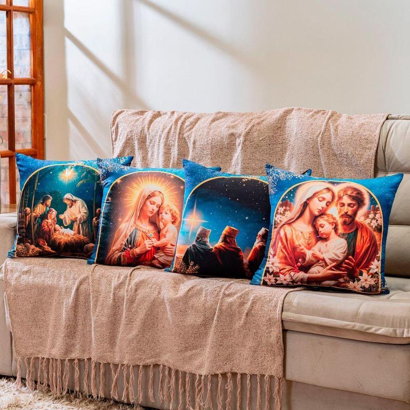Kit Com 4 Capas De Almofadas Estampadas Natalinas 45cm X 45cm - Decorativas Festas Ceia Fim De Ano Cor Religioso Azul