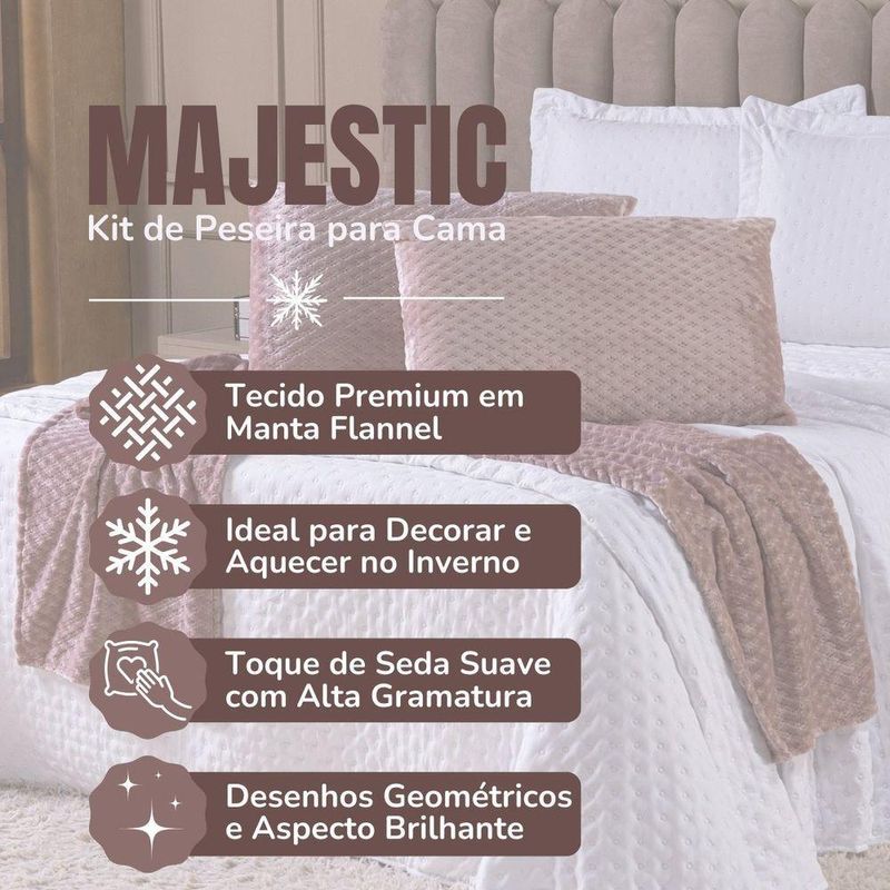 Kit De Peseira Para Cama Majestic Com Fronhas 03 Peças - Tecido Mantinha Flannel Em Toque De Seda Brilhante Cor Rosê