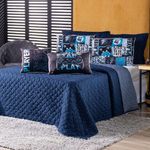 Kit Cobre Leito Colcha Solteiro Best Player Azul Marinho Com Almofadas Estampadas 05 Peças - Dupla Face Percal 300 Fios