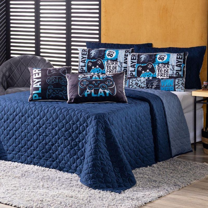 Kit Cobre Leito Colcha Solteiro Best Player Azul Marinho Com Almofadas Estampadas 05 Peças - Dupla Face Percal 300 Fios