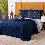 Kit Cobre Leito Colcha Solteiro Astros Azul Marinho Com Almofada Estampada 04 Peças - Dupla Face Percal 300 Fios