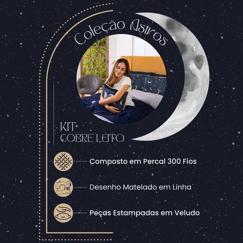 Kit Cobre Leito Colcha Solteiro Astros Azul Marinho Com Almofada Estampada 04 Peças - Dupla Face Percal 300 Fios