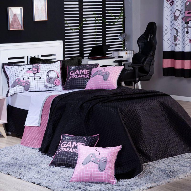 Kit Cobre Leito Colcha Solteiro Game Streamer Rosê Dupla Face Com Almofadas Estampadas 05 Peças