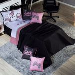 Kit Cobre Leito Colcha Solteiro Game Streamer Rosê Dupla Face Com Almofadas Estampadas 05 Peças
