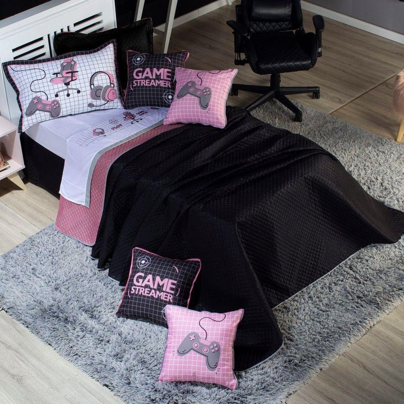 Kit Cobre Leito Colcha Solteiro Game Streamer Rosê Dupla Face Com Almofadas Estampadas 05 Peças