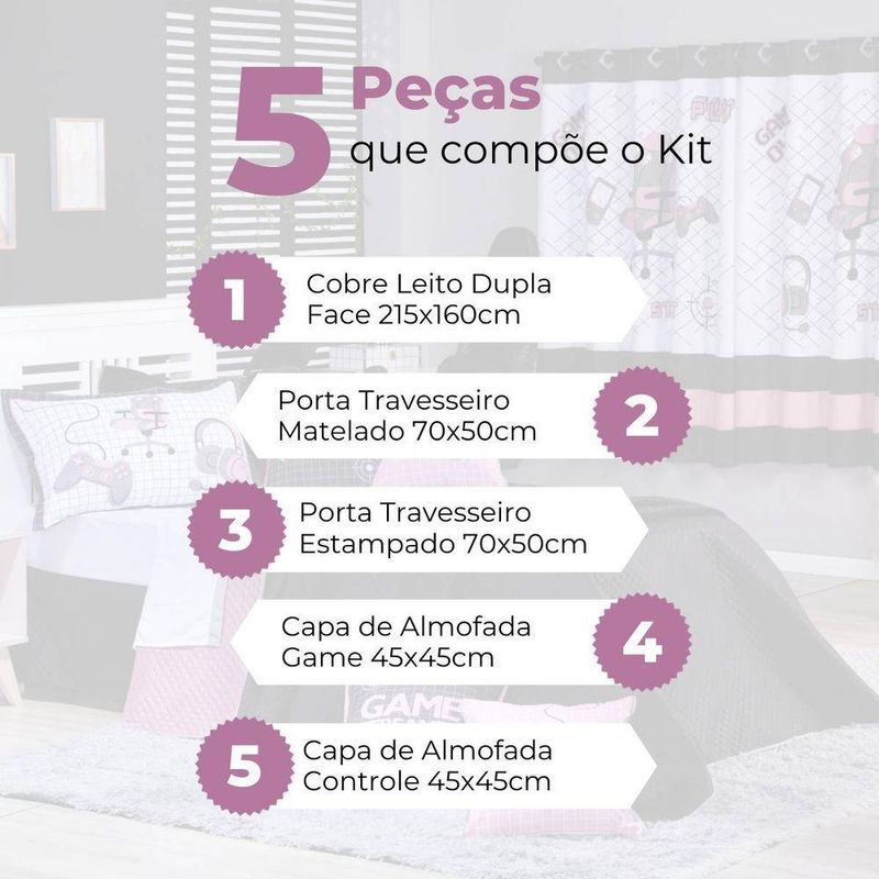 Kit Cobre Leito Colcha Solteiro Game Streamer Rosê Dupla Face Com Almofadas Estampadas 05 Peças