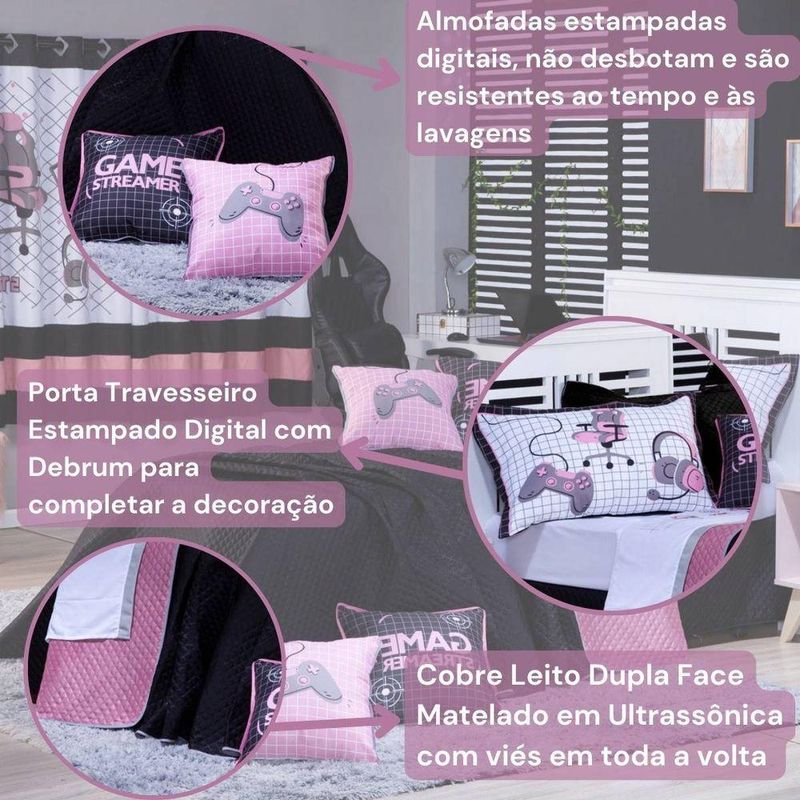 Kit Cobre Leito Colcha Solteiro Game Streamer Rosê Dupla Face Com Almofadas Estampadas 05 Peças