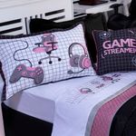 Kit Cobre Leito Colcha Solteiro Game Streamer Rosê Dupla Face Com Almofadas Estampadas 05 Peças