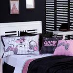 Kit Cobre Leito Colcha Solteiro Game Streamer Rosê Dupla Face Com Almofadas Estampadas 05 Peças
