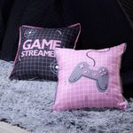 Kit Cobre Leito Colcha Solteiro Game Streamer Rosê Dupla Face Com Almofadas Estampadas 05 Peças