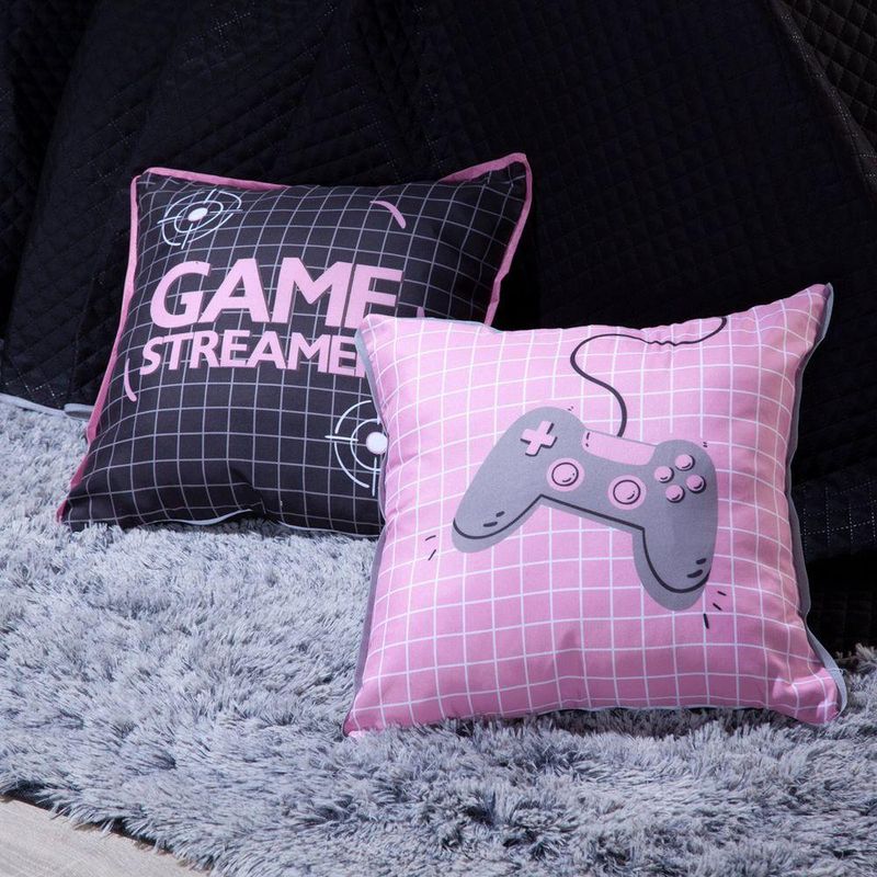 Kit Cobre Leito Colcha Solteiro Game Streamer Rosê Dupla Face Com Almofadas Estampadas 05 Peças