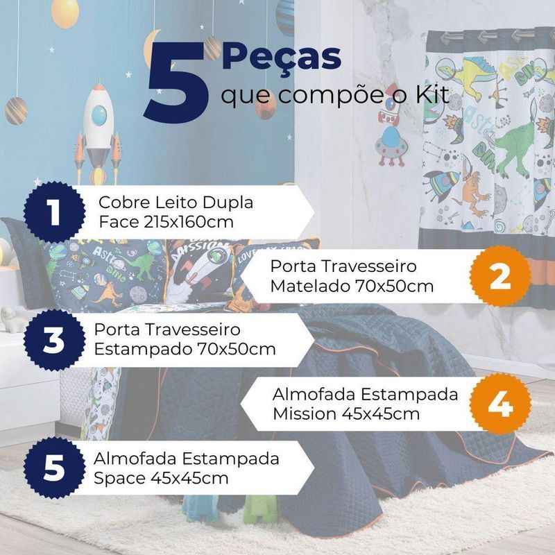 Kit Cobre Leito Colcha Solteiro Astrodino Azul Marinho/preto Dupla Face Com Almofadas Estampadas 05 Peças