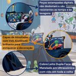 Kit Cobre Leito Colcha Solteiro Astrodino Azul Marinho/preto Dupla Face Com Almofadas Estampadas 05 Peças