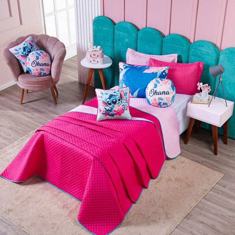 Kit Cobre Leito Stich Pink/rosa Dupla Face Com Almofadas Queen 07 Peças - Decoração Infantil Juvenil Personagem