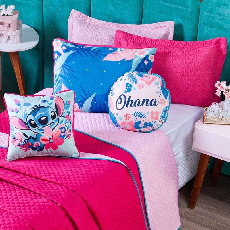 Kit Cobre Leito Stich Pink/rosa Dupla Face Com Almofadas Queen 07 Peças - Decoração Infantil Juvenil Personagem