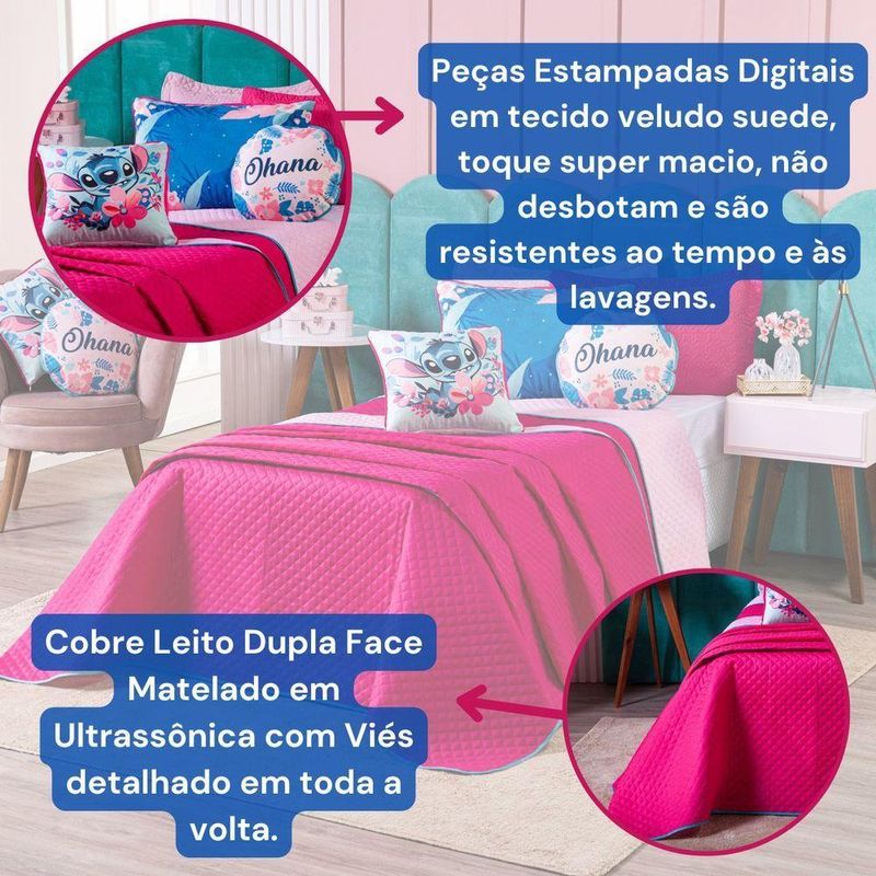 Kit Cobre Leito Stich Pink/rosa Dupla Face Com Almofadas Queen 07 Peças - Decoração Infantil Juvenil Personagem