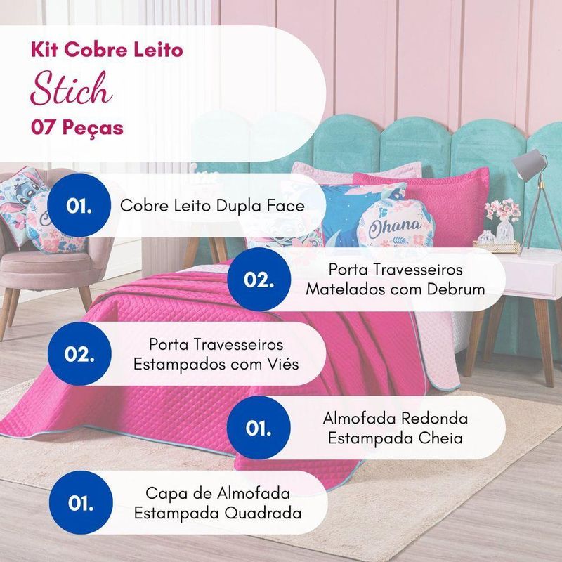 Kit Cobre Leito Stich Pink/rosa Dupla Face Com Almofadas Queen 07 Peças - Decoração Infantil Juvenil Personagem