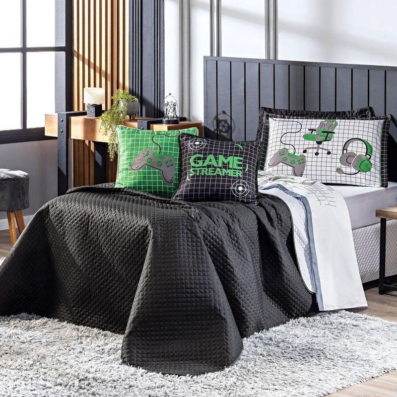 Kit Cobre Leito Colcha Solteiro Game Streamer Verde Dupla Face Com Almofadas Estampadas 05 Peças