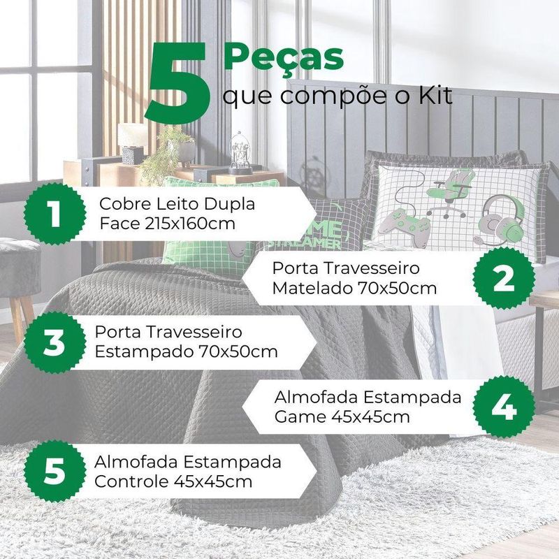 Kit Cobre Leito Colcha Solteiro Game Streamer Verde Dupla Face Com Almofadas Estampadas 05 Peças