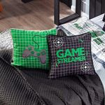 Kit Cobre Leito Colcha Solteiro Game Streamer Verde Dupla Face Com Almofadas Estampadas 05 Peças
