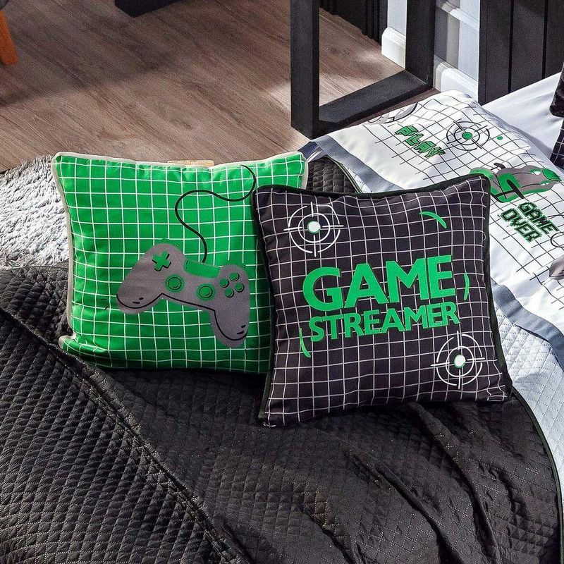 Kit Cobre Leito Colcha Solteiro Game Streamer Verde Dupla Face Com Almofadas Estampadas 05 Peças