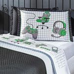 Kit Cobre Leito Colcha Solteiro Game Streamer Verde Dupla Face Com Almofadas Estampadas 05 Peças