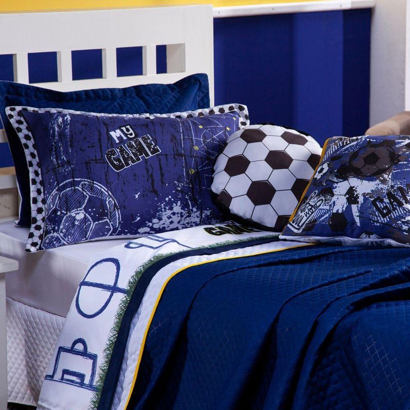 Kit Cobre Leito Colcha Solteiro Futebol Game Azul Marinho/branco Dupla Face Com Almofadas 06 Peças
