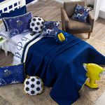 Kit Cobre Leito Colcha Solteiro Futebol Game Azul Marinho/branco Dupla Face Com Almofadas 06 Peças
