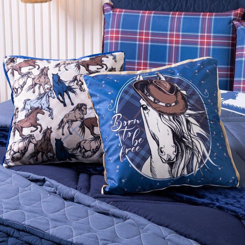 Kit Edredom Casal Padrão Country Com Almofadas Estampadas 07 Peças - Dupla Face Percal 300 Fios Cor Azul