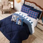 Kit Edredom Casal Padrão Country Com Almofadas Estampadas 07 Peças - Dupla Face Percal 300 Fios Cor Azul