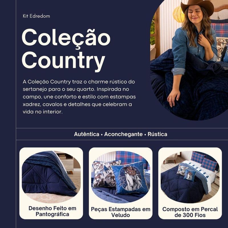 Kit Edredom Casal Padrão Country Com Almofadas Estampadas 07 Peças - Dupla Face Percal 300 Fios Cor Azul