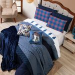 Kit Edredom Casal Padrão Country Com Almofadas Estampadas 07 Peças - Dupla Face Percal 300 Fios Cor Azul