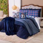 Kit Edredom Casal Padrão Country Com Almofadas Estampadas 07 Peças - Dupla Face Percal 300 Fios Cor Azul