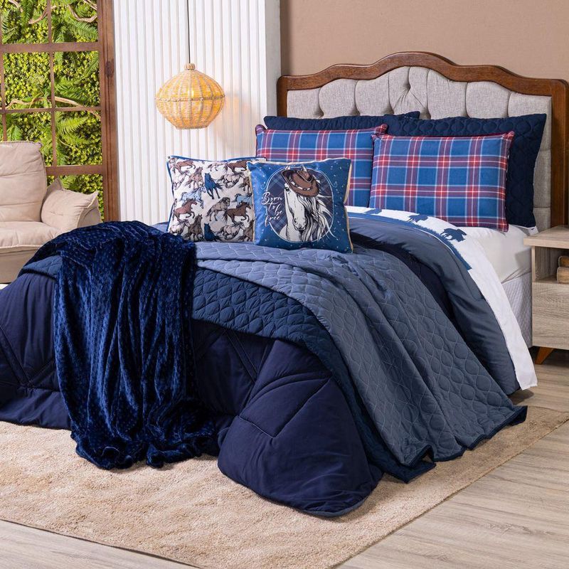 Kit Edredom Casal Padrão Country Com Almofadas Estampadas 07 Peças - Dupla Face Percal 300 Fios Cor Azul