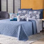 Kit Cobre Leito Colcha Queen Game Start Azul Com Almofadas Estampadas 07 Peças - Dupla Face Percal 300 Fios Matelado