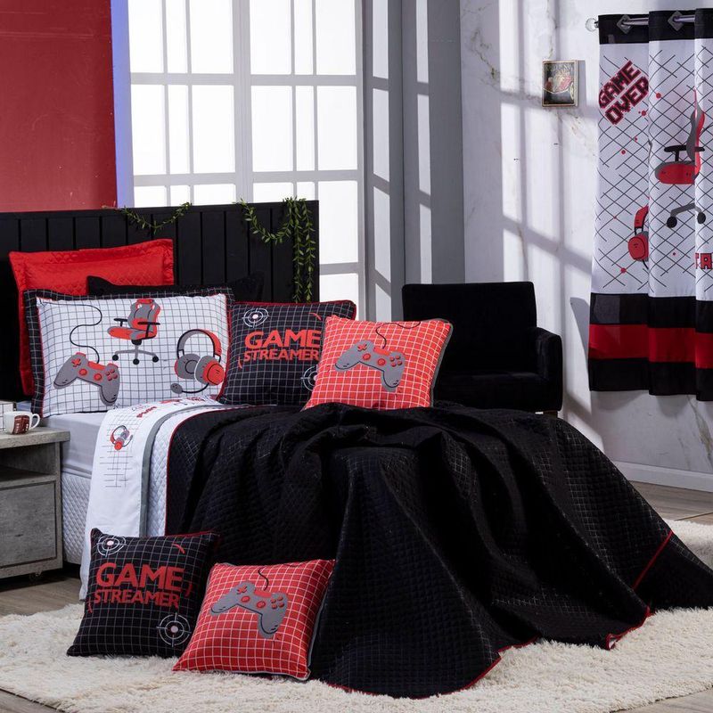 Kit Cobre Leito Colcha Casal Padrão Game Streamer Vermelho Dupla Face Com Almofadas Estampadas 07 Peças
