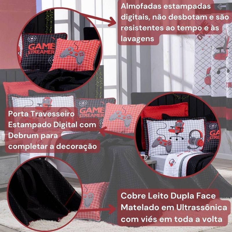 Kit Cobre Leito Colcha Casal Padrão Game Streamer Vermelho Dupla Face Com Almofadas Estampadas 07 Peças