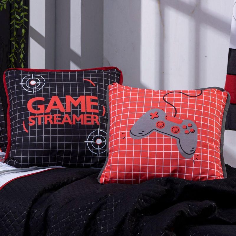 Kit Cobre Leito Colcha Casal Padrão Game Streamer Vermelho Dupla Face Com Almofadas Estampadas 07 Peças