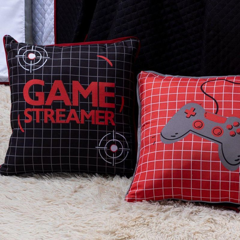 Kit Cobre Leito Colcha Casal Padrão Game Streamer Vermelho Dupla Face Com Almofadas Estampadas 07 Peças
