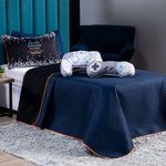 Kit Cobre Leito Colcha Solteiro Retro Game Controle Azul Marinho/preto Dupla Face Com Almofadas Estampadas 05 Peças