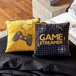 Kit Cobre Leito Colcha Casal Padrão Game Streamer Amarelo Dupla Face Com Almofadas Estampadas 07 Peças