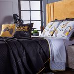 Kit Cobre Leito Colcha Casal Padrão Game Streamer Amarelo Dupla Face Com Almofadas Estampadas 07 Peças