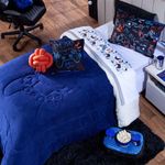 Kit Coberdrom Cobertor Solteiro Game Win Azul Marinho Dupla Face Com Almofadas 04 Peças - Sherpa E Mantinha Microfibra