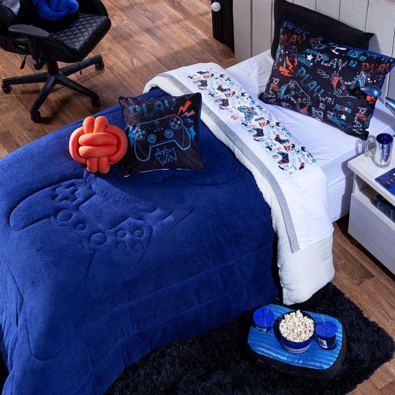 Kit Coberdrom Cobertor Solteiro Game Win Azul Marinho Dupla Face Com Almofadas 04 Peças - Sherpa E Mantinha Microfibra